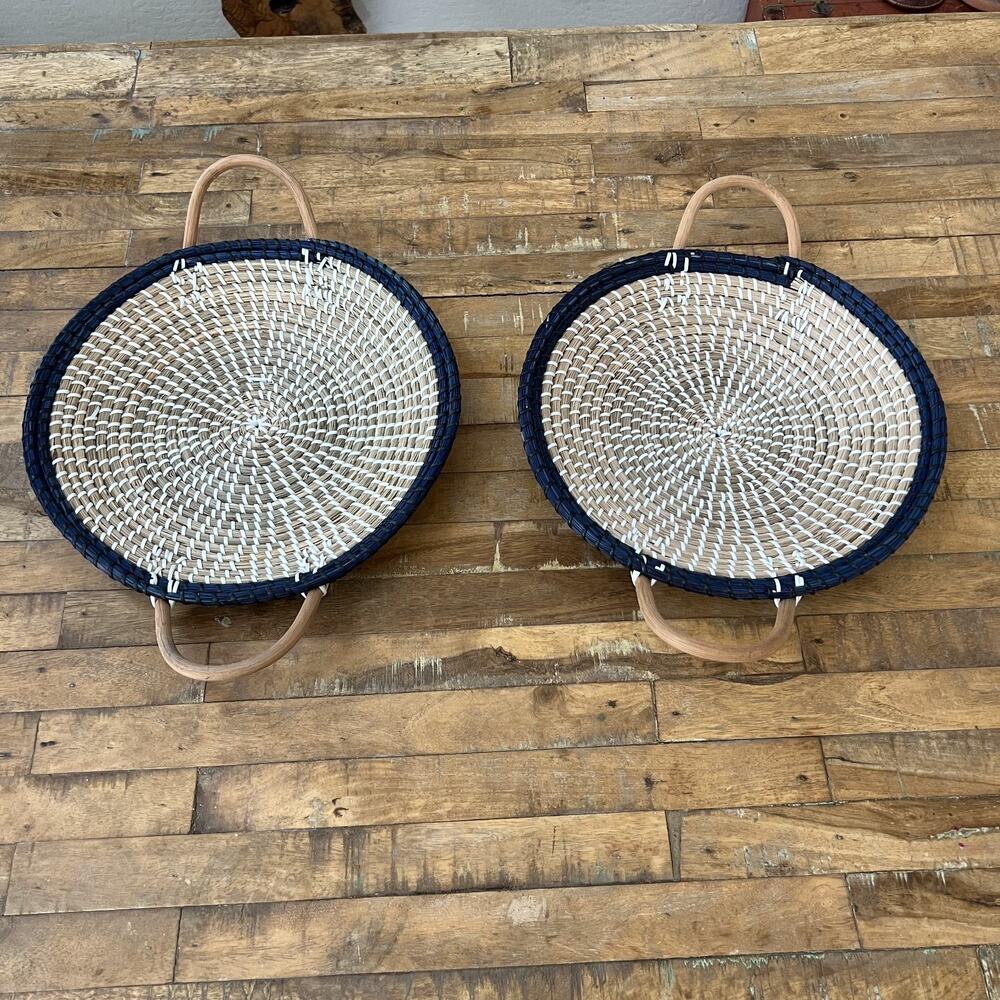 Rattan Wicker Round Serving Tray Set of 2 12" Hand Woven Brown Blue White